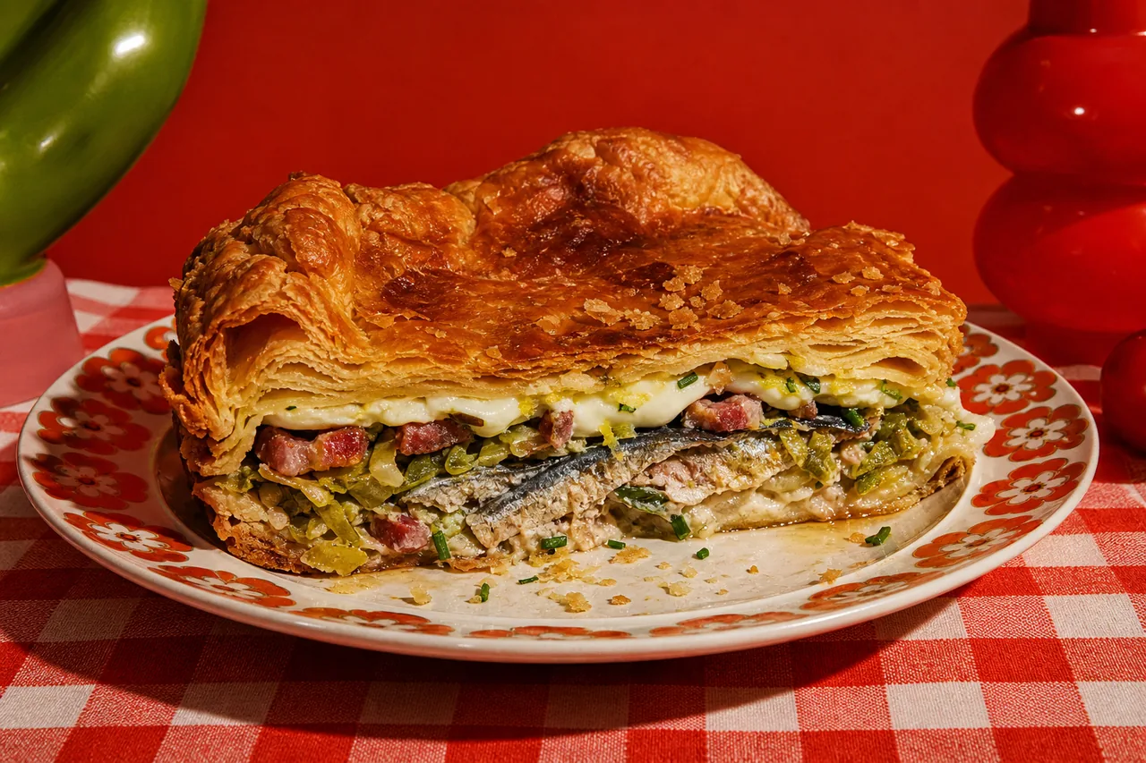 Tourte feuilletée d’allache, poireaux fondants et lardons fumés