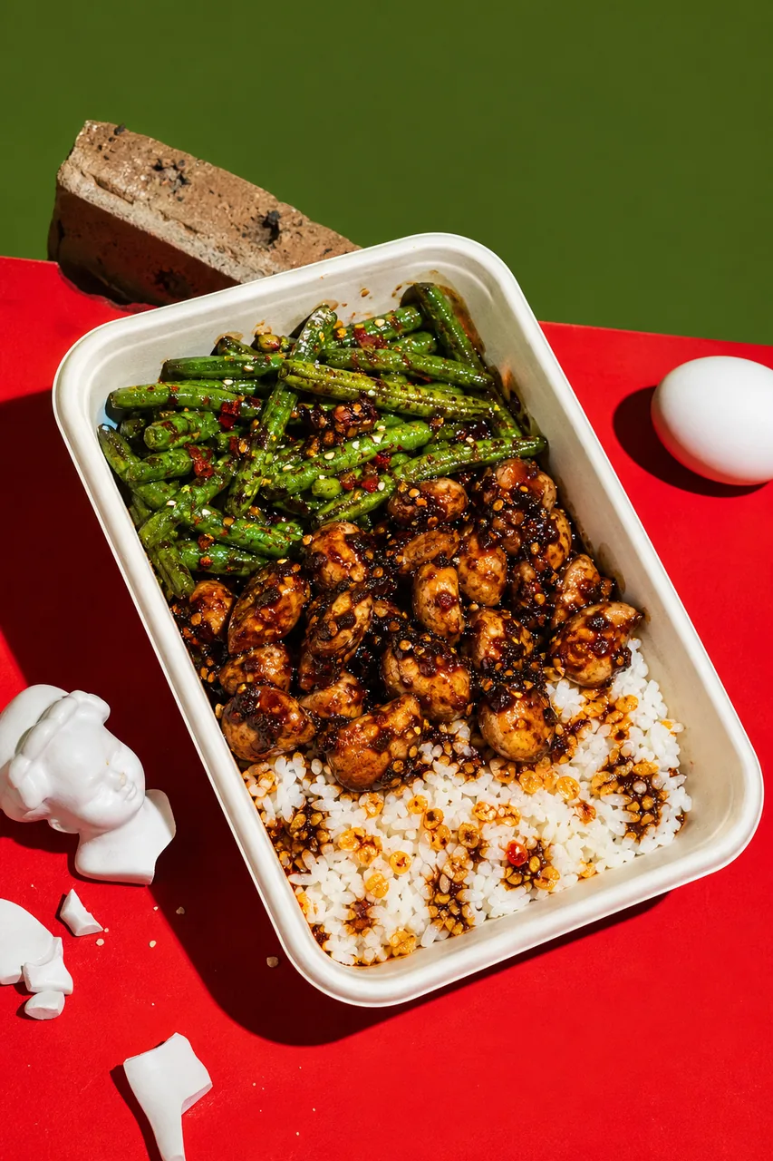 Poulet Sichuan haricots verts, riz et vinaigre noir