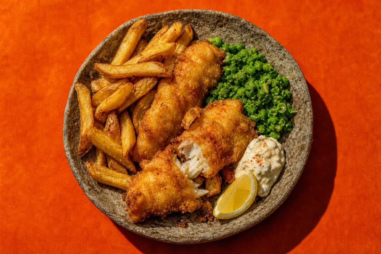 Fish and chips de lieu jaune, pâte à la bière et petit-lait, petits pois écrasés, tartare vive