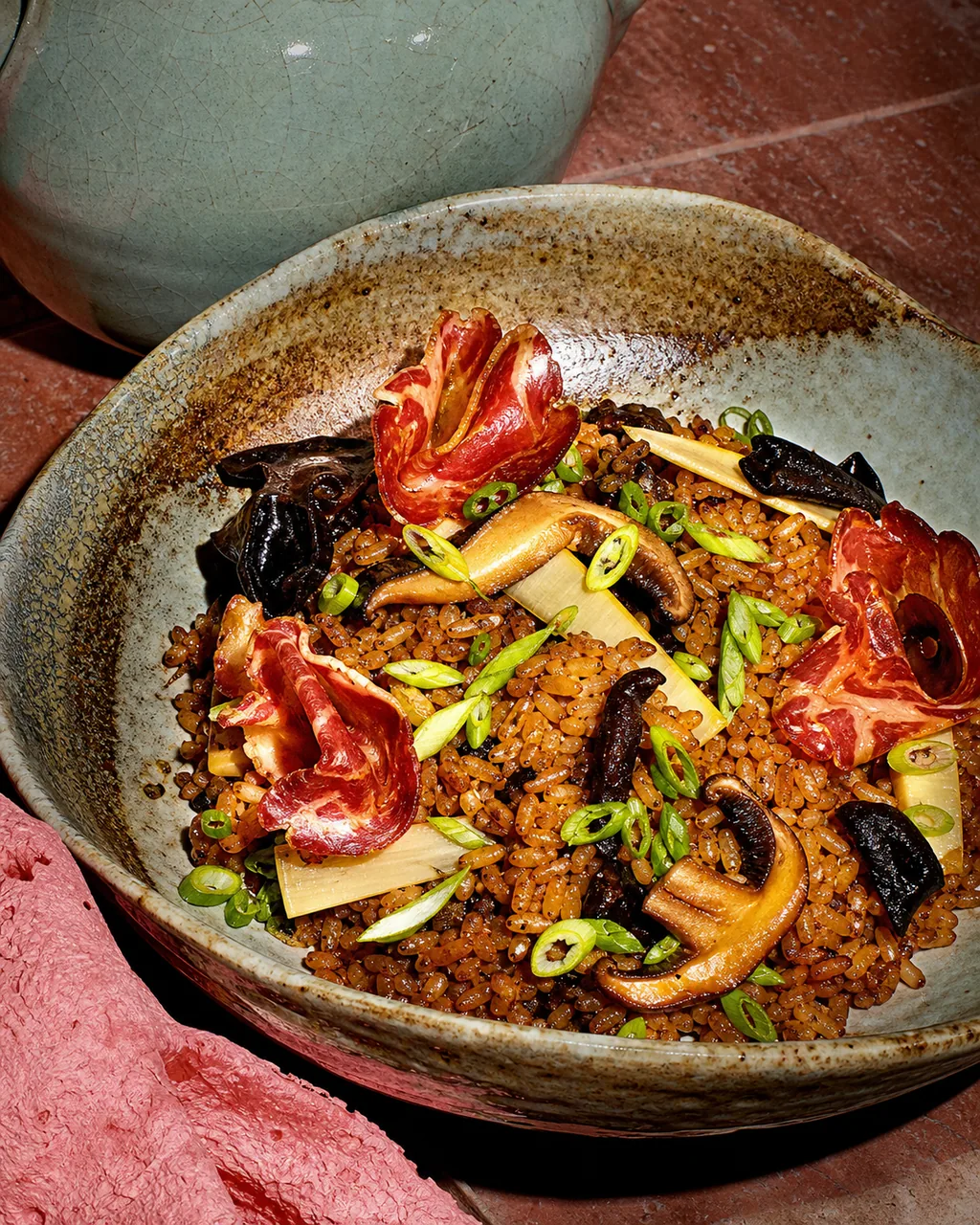 Riz sauté à la coppa corse, shiitakés et oreilles de Judas