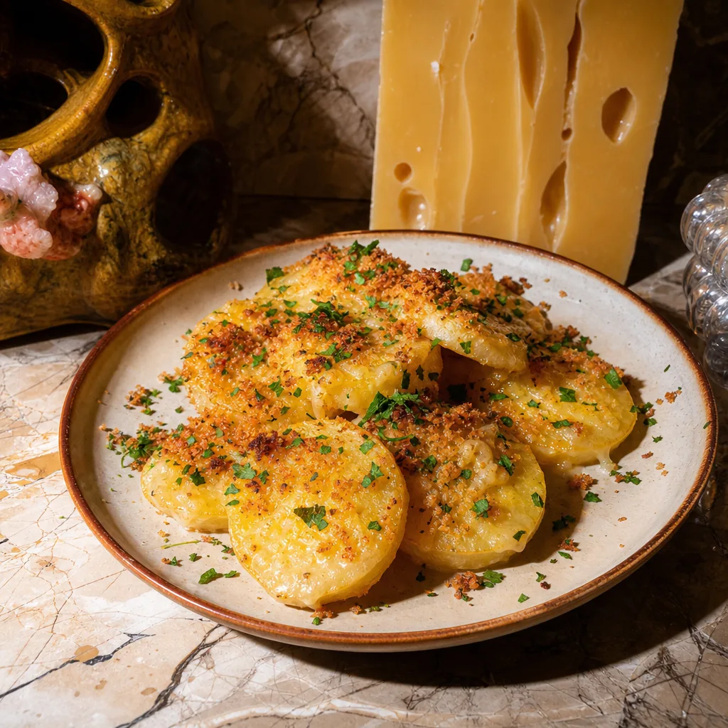 Pommes de terre crousti-fondantes au Comté, persil vif et chapelure poivrée