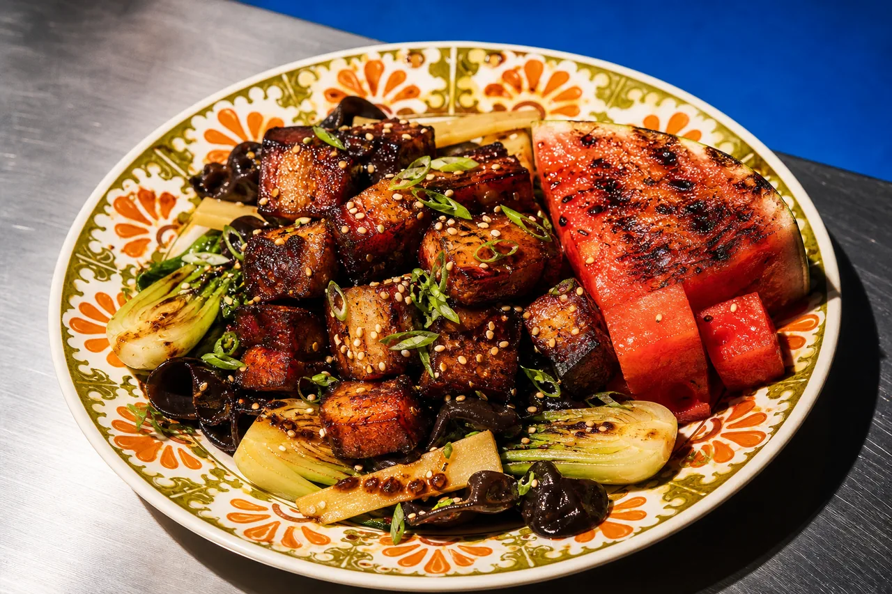 Porc laqué au sirop de pastèque, pastèque brûlée et champignons noirs