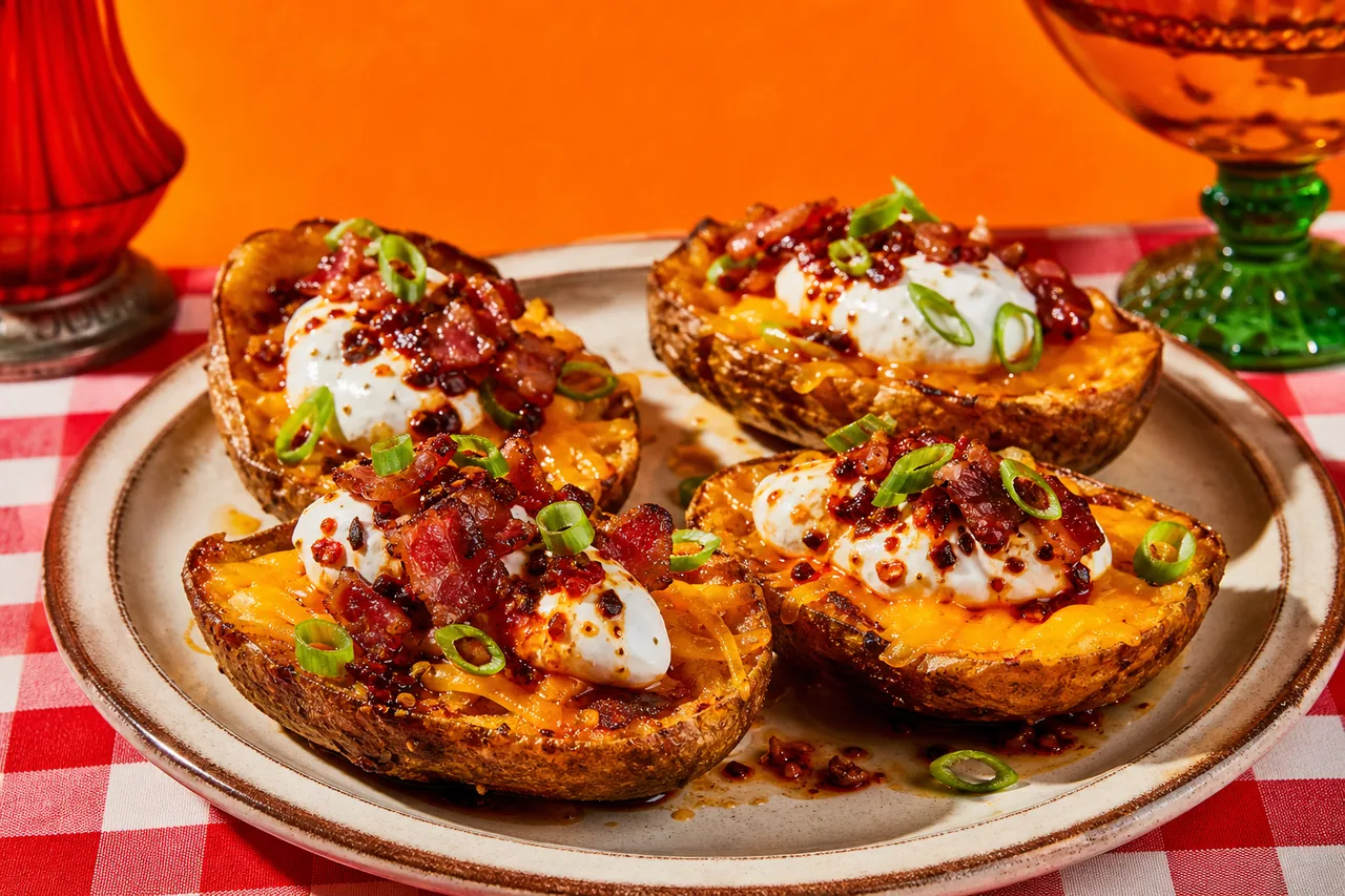 Cheesy Chili Crunch Potato Skins avec Hot Honey Bacon Bits