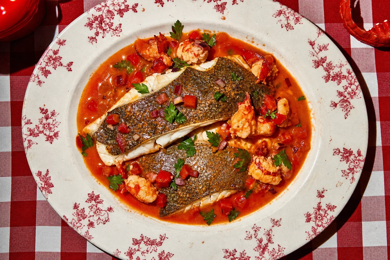 Barbue au homard, cognac et tomate, jus court de carapaces