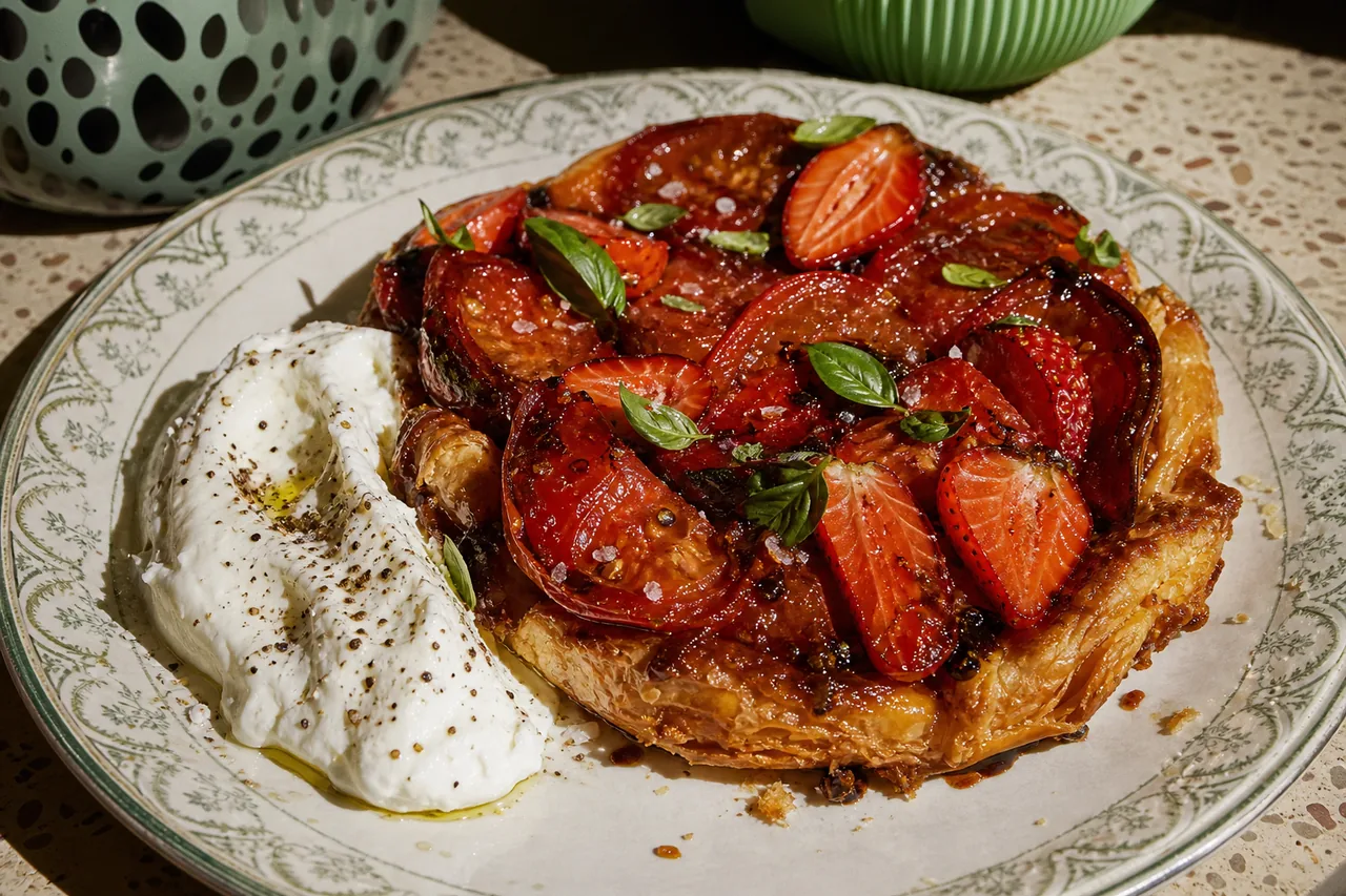 Tatin tiède tomate-fraise, crème fouettée de burrata au poivre de Timut