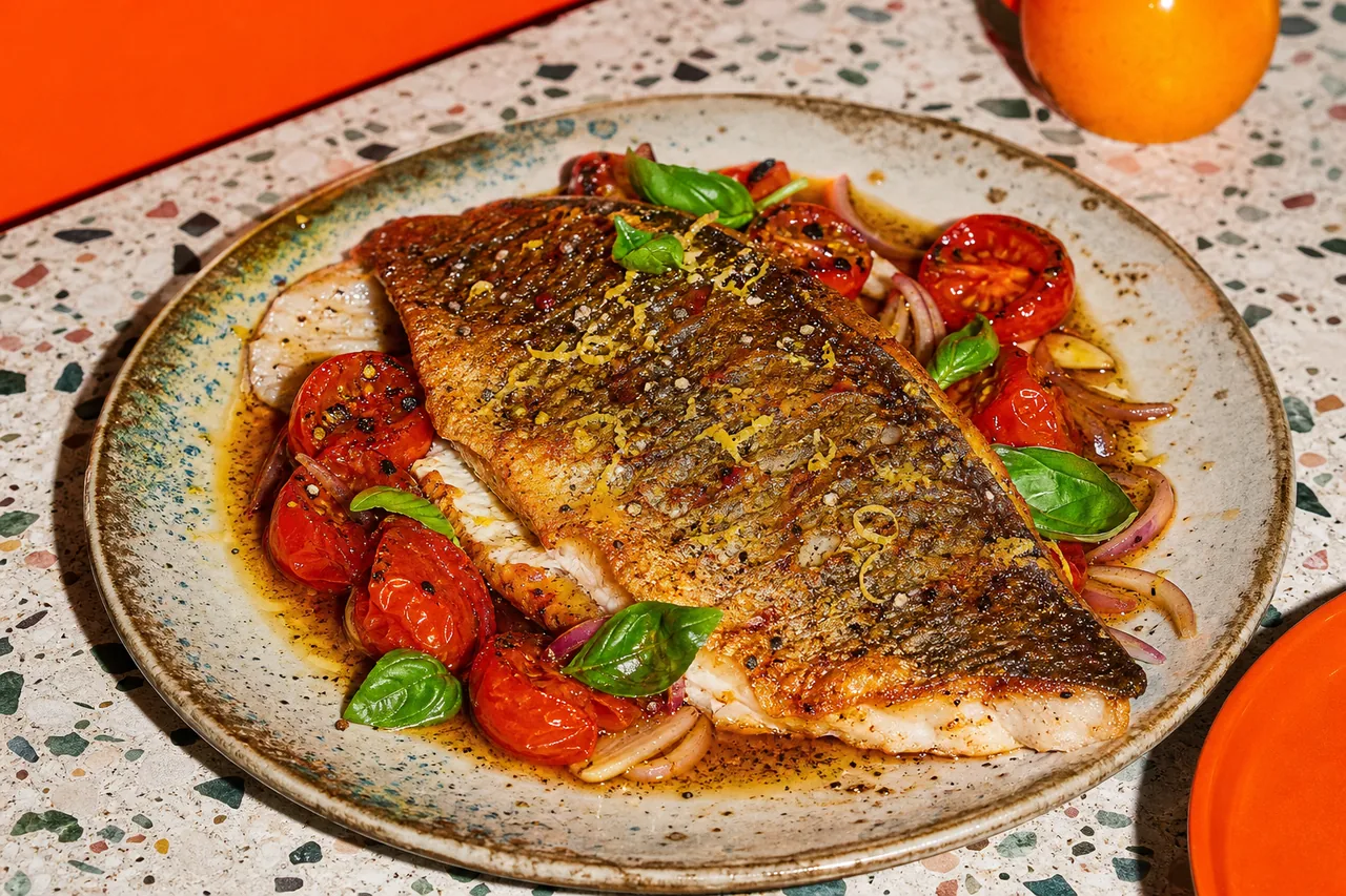 Dorade royale poêlée, tomates cerises au balsamique et basilic vif