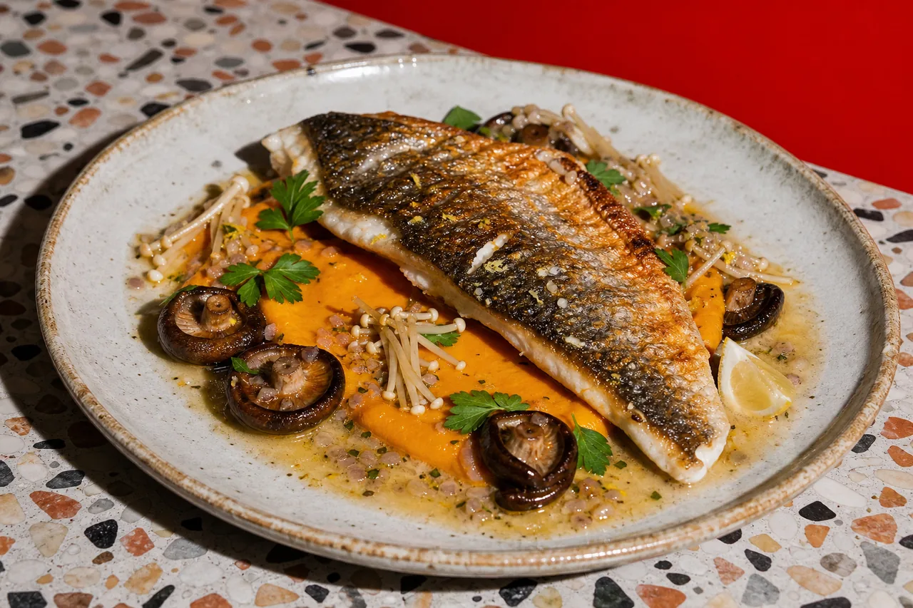 Sandre poêlé, purée de carotte au bouillon, shiitakés laqués et pointe de vinaigre de xérès