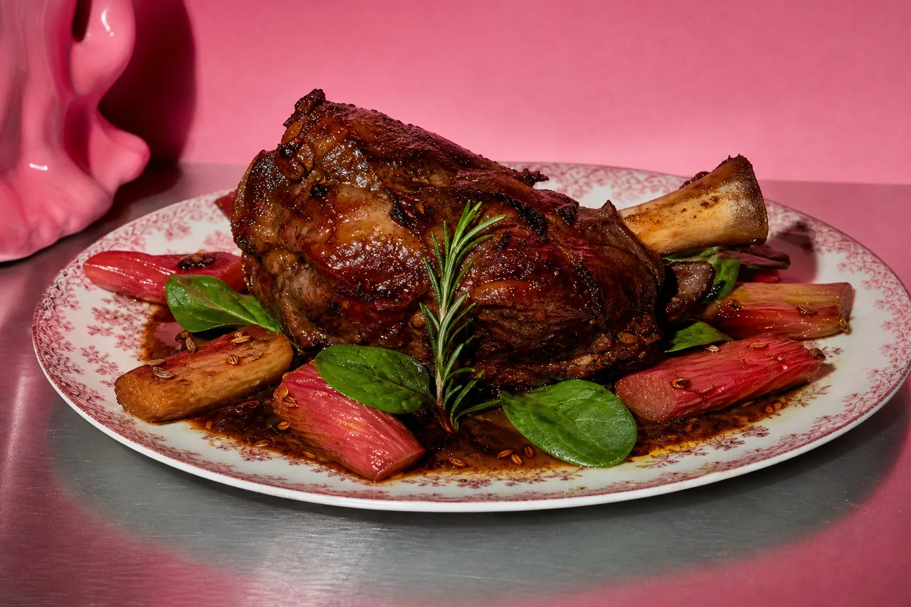 Souris d'agneau rôtie au miel, rhubarbe poêlée au fenouil et huile d'olive