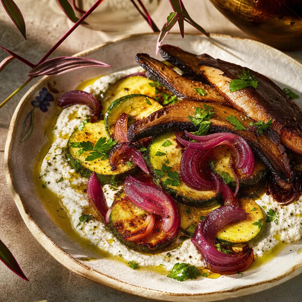 Courgettes rôties au Boursin, oignon rouge balsamique et portobello croustillant