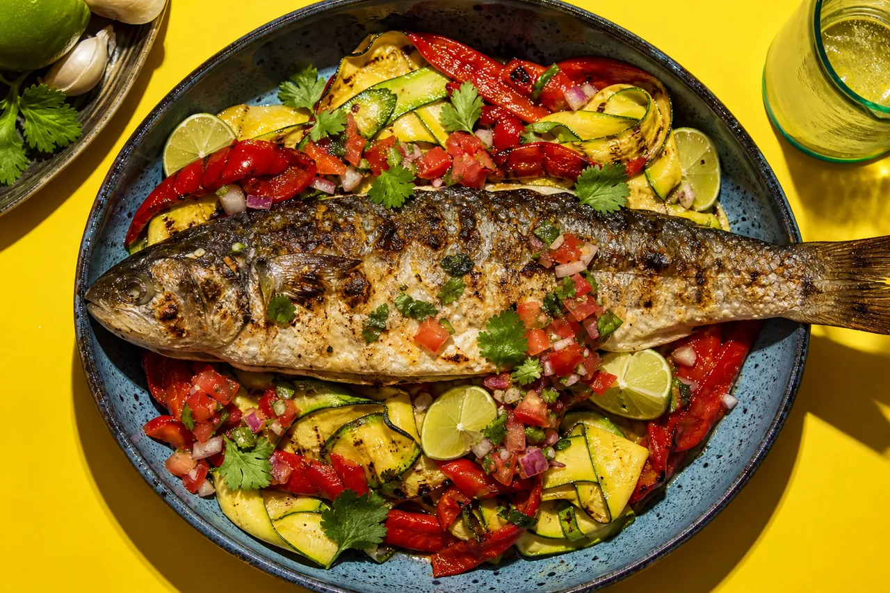 Mulet porc entier grillé, courgette jaune rôtie et pico de gallo tomate-oignon rouge