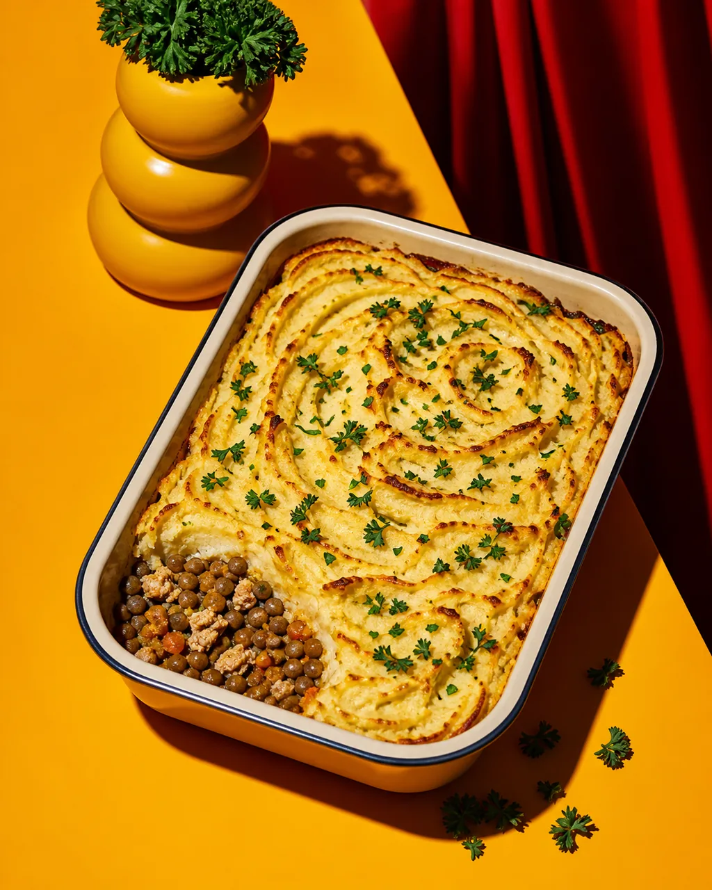 Parmentier léger dinde-lentilles, purée moutarde
