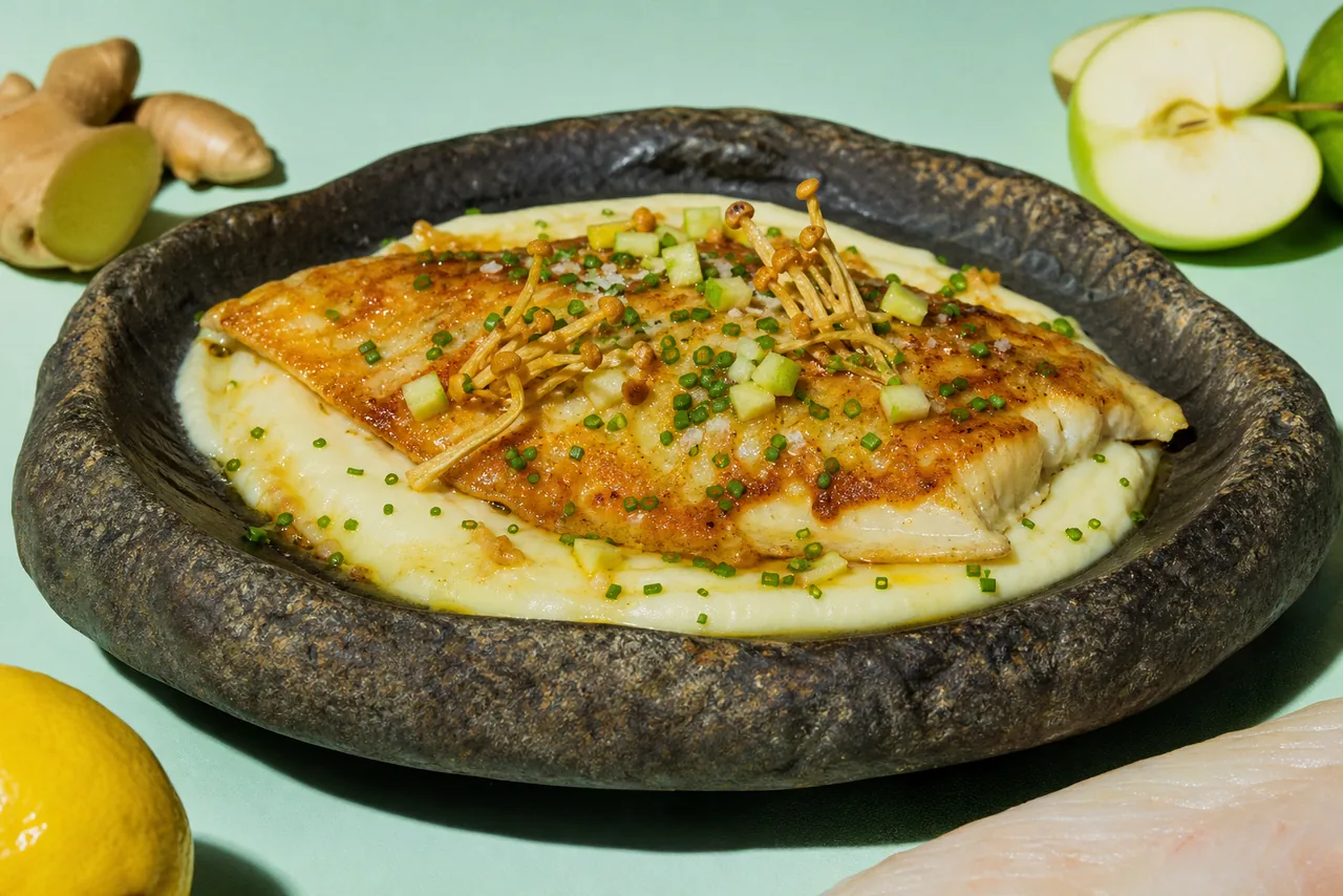 Sole meunière, purée de rattes au beurre noisette, pomme acidulée et enoki doré