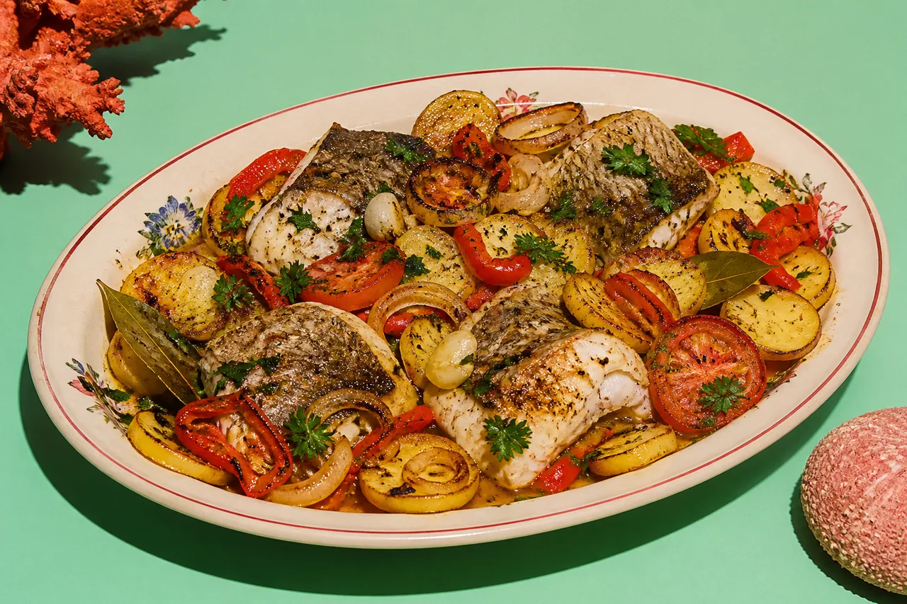Grenadier de roche à portuguesa, pommes de terre, oignons et huile d'olive au four