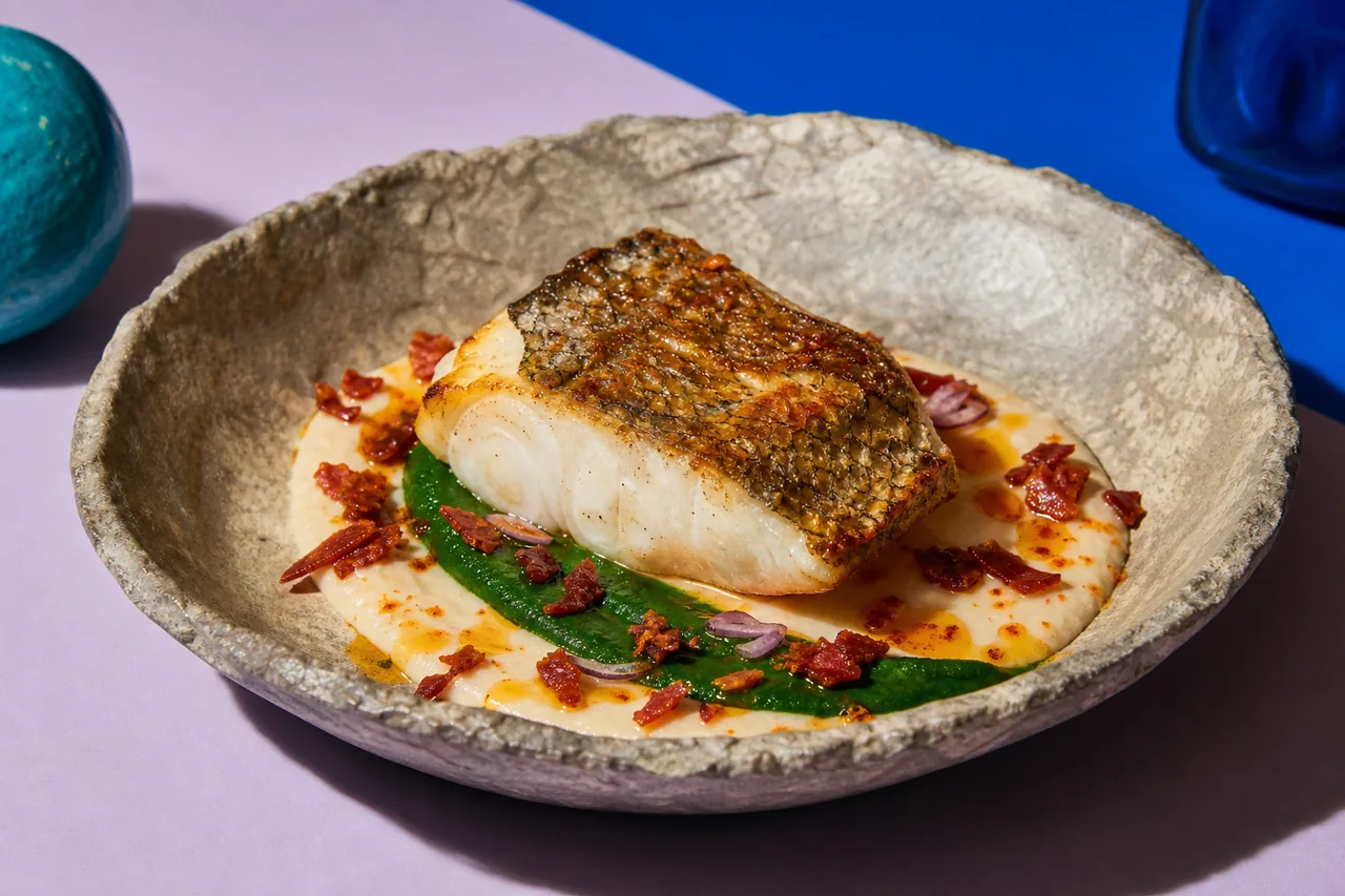Cabillaud poêlé, double purée de kale et haricots blancs, éclats de chorizo au vinaigre de Xérès