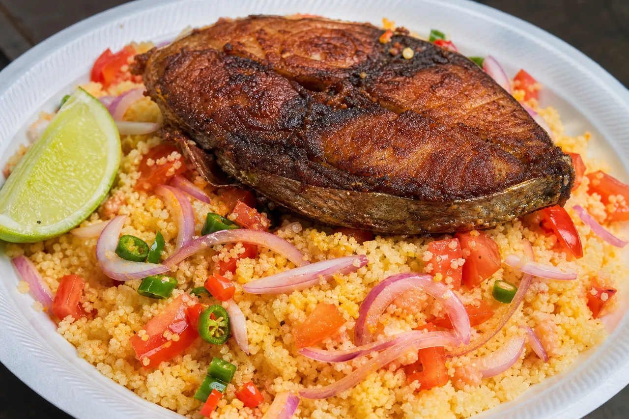 Garba ivoirien — attiéké, thon frit, oignons et piment