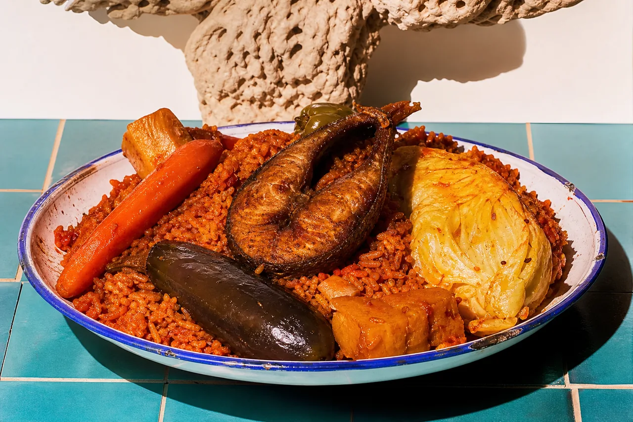 Thiéboudienne sénégalais au poisson, riz rouge et légumes