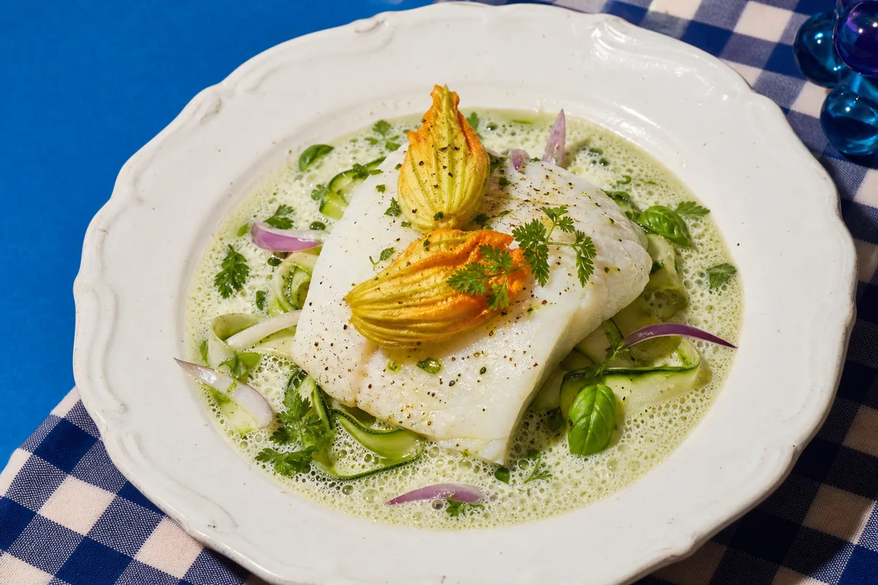 Filet de cabillaud poché, rubans de courgette, fleurs de courgette et émulsion légère aux herbes