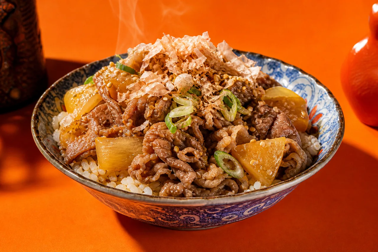 Gyudon au dashi de bonite, mirin et daikon