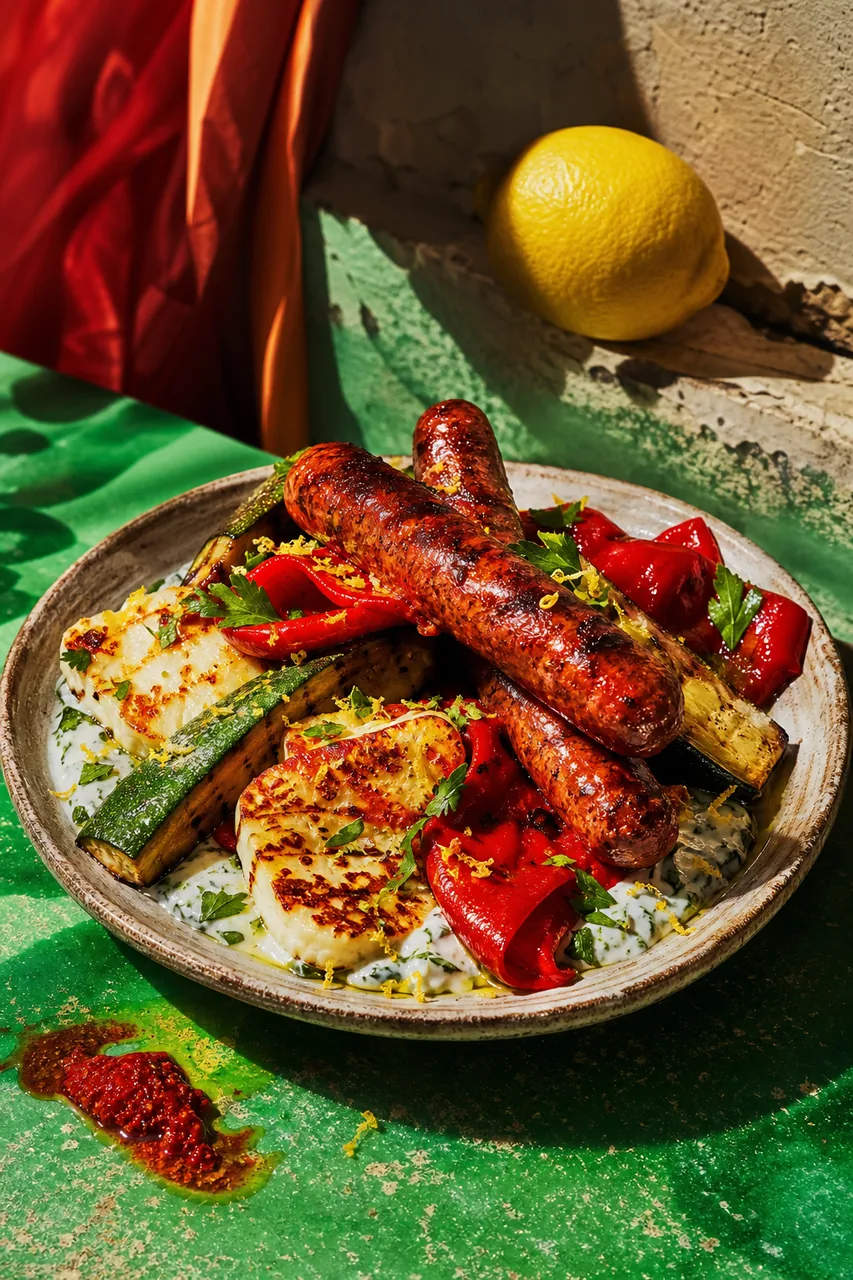 Merguez fumées au maquis, courgettes, halloumi et raita corse à la harissa