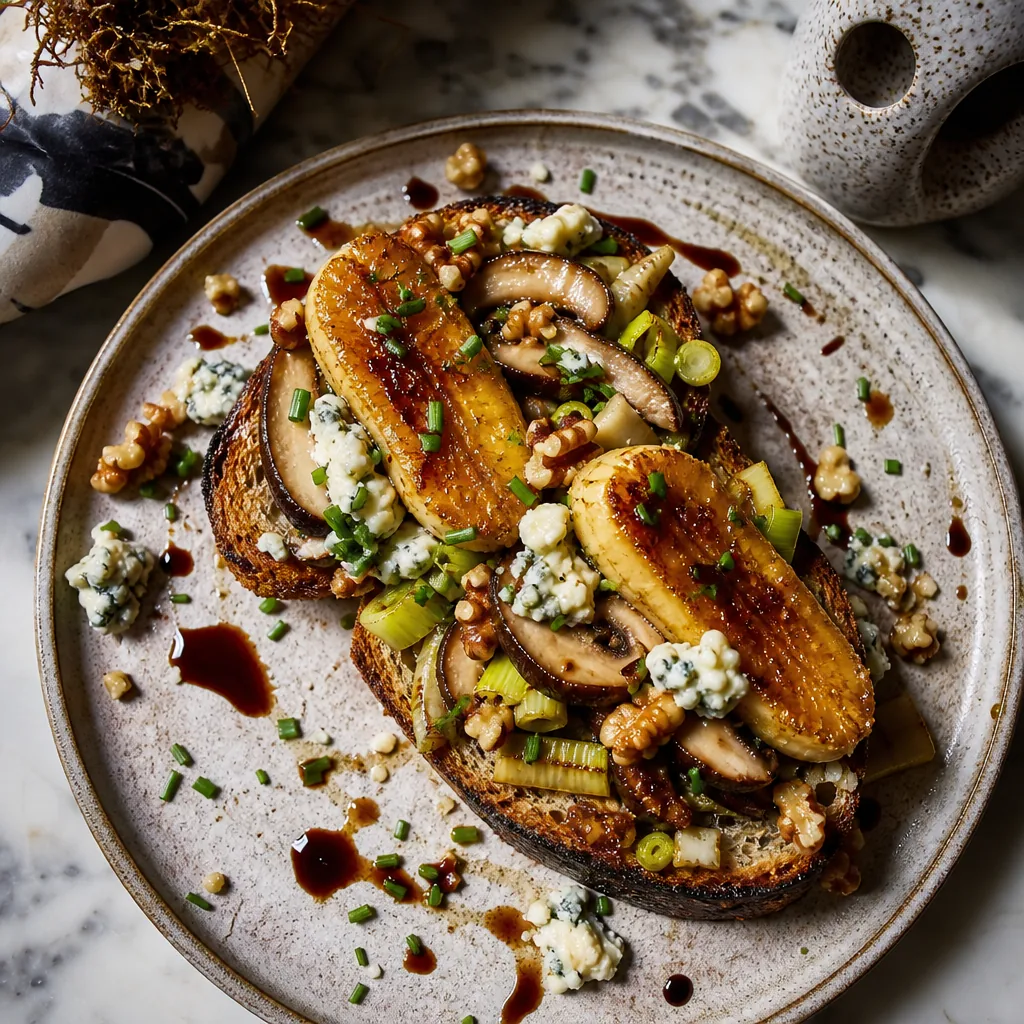 Bananes rôties salées, poireau à l’ail, shiitakés et bleu fondant
