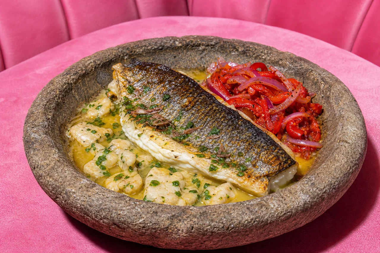 Merlu rôti, kokotxas au persil et anchois, jus basque paprika-vinaigre
