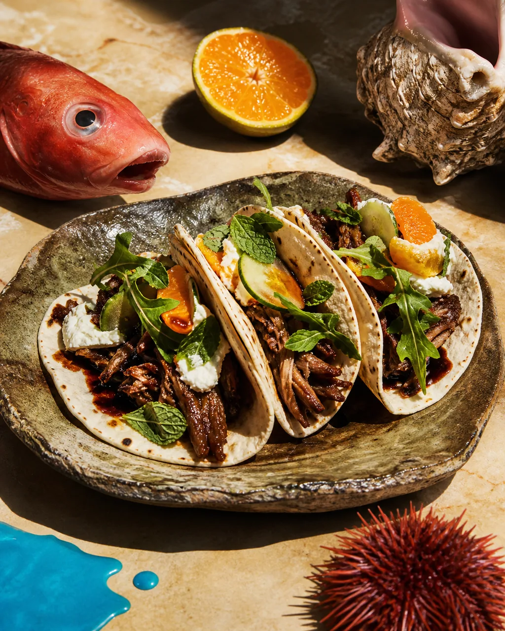Tacos soft shell au pulled pork fumé, clémentine corse, brocciu citronné et herbes du maquis — 6 portions