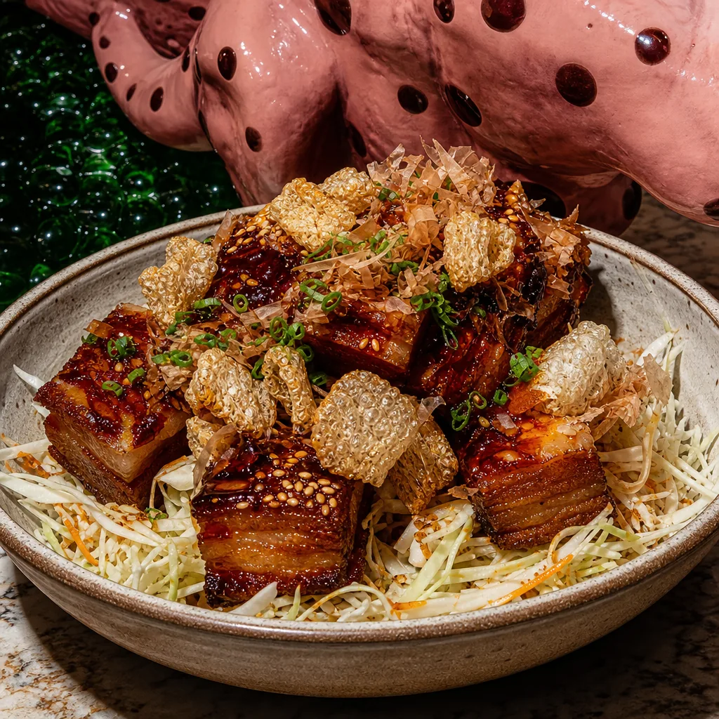 Poitrine de porc laquée okonomiyaki, huile pimentée et chicharrones