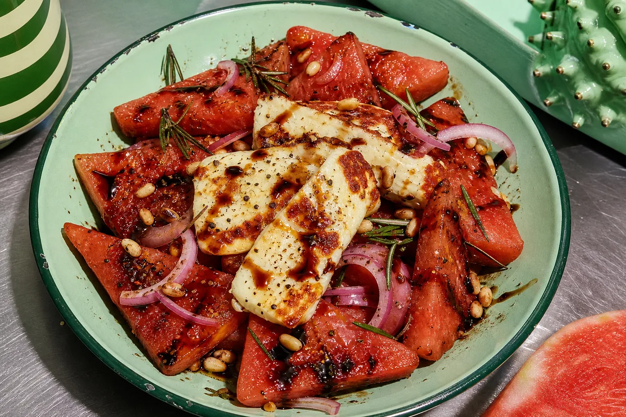Pastèque rôtie au romarin, halloumi grillé et vinaigrette balsamique