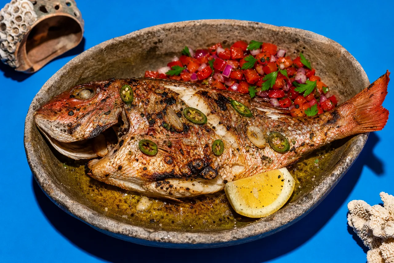 Pageot entier grillé à l’ail, jalapeño et huile d’olive, salsa tiède de poivron rouge