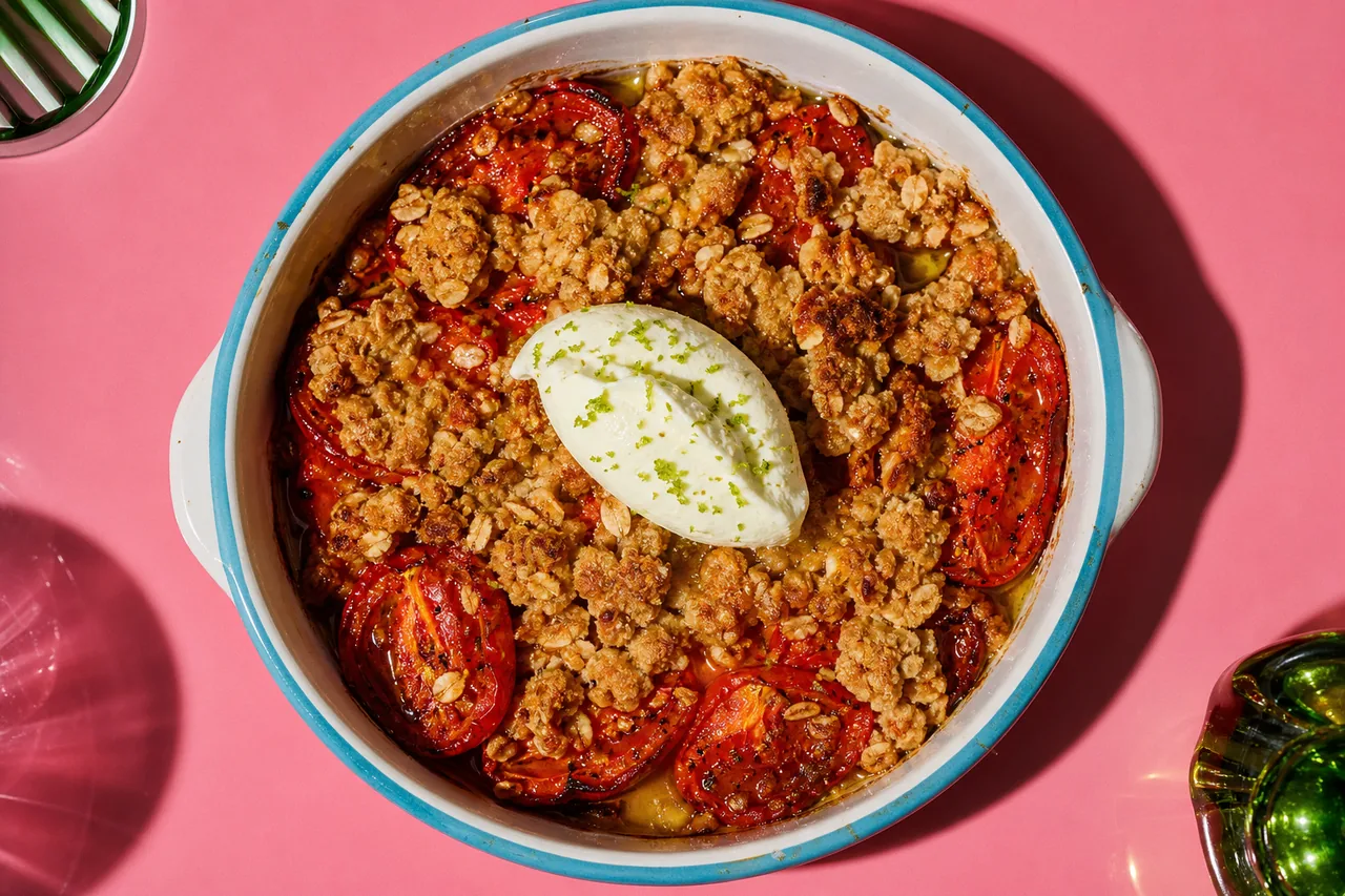 Crumble tiède de tomates confites à la vanille, mascarpone au citron vert