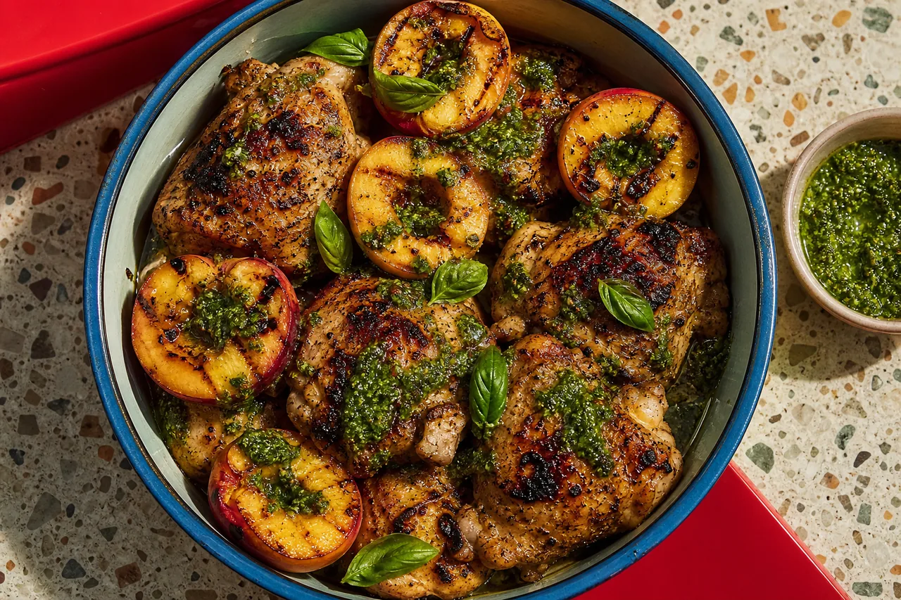 Poulet grillé au pesto et pêches (3 ingrédients)
