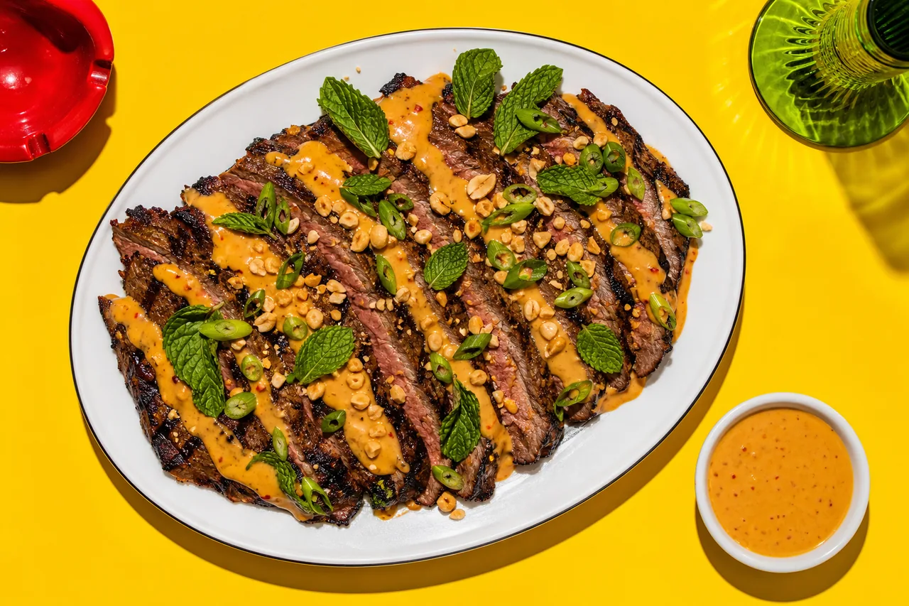 Steak grillé avec sauce épicée au beurre de cacahuète