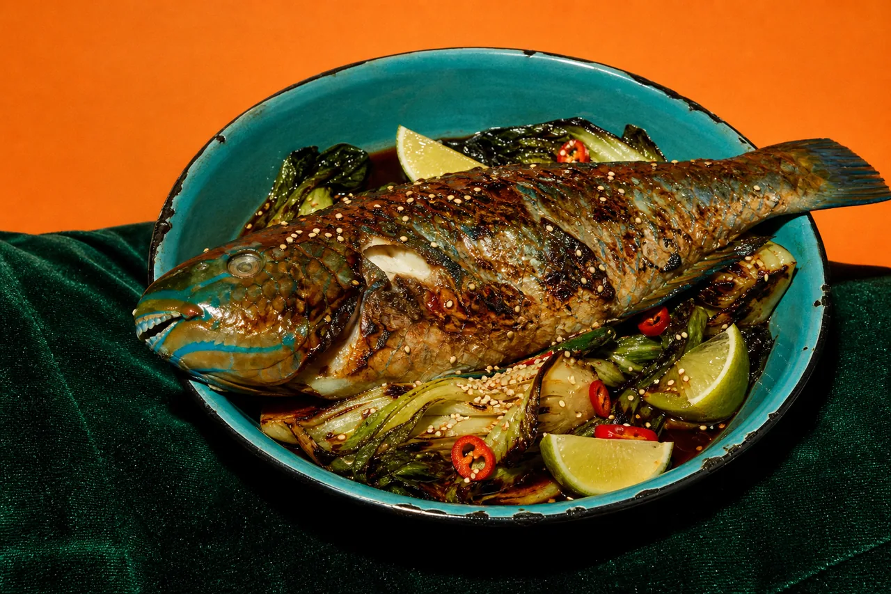Perroquet à bandes bleues entier, laqué soja-citron vert-gingembre, pak choï et cébettes grillées