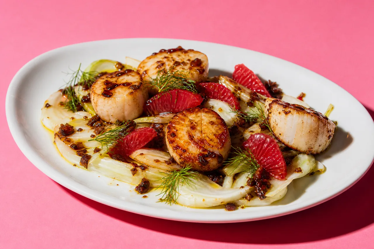 Saint-Jacques, orange sanguine, fenouil & sauce XO
