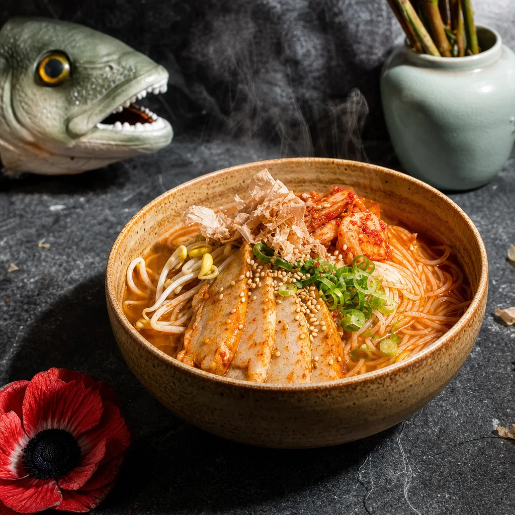 Vermicelles miso-gochujang, bouillon dashi express et croquant kimchi