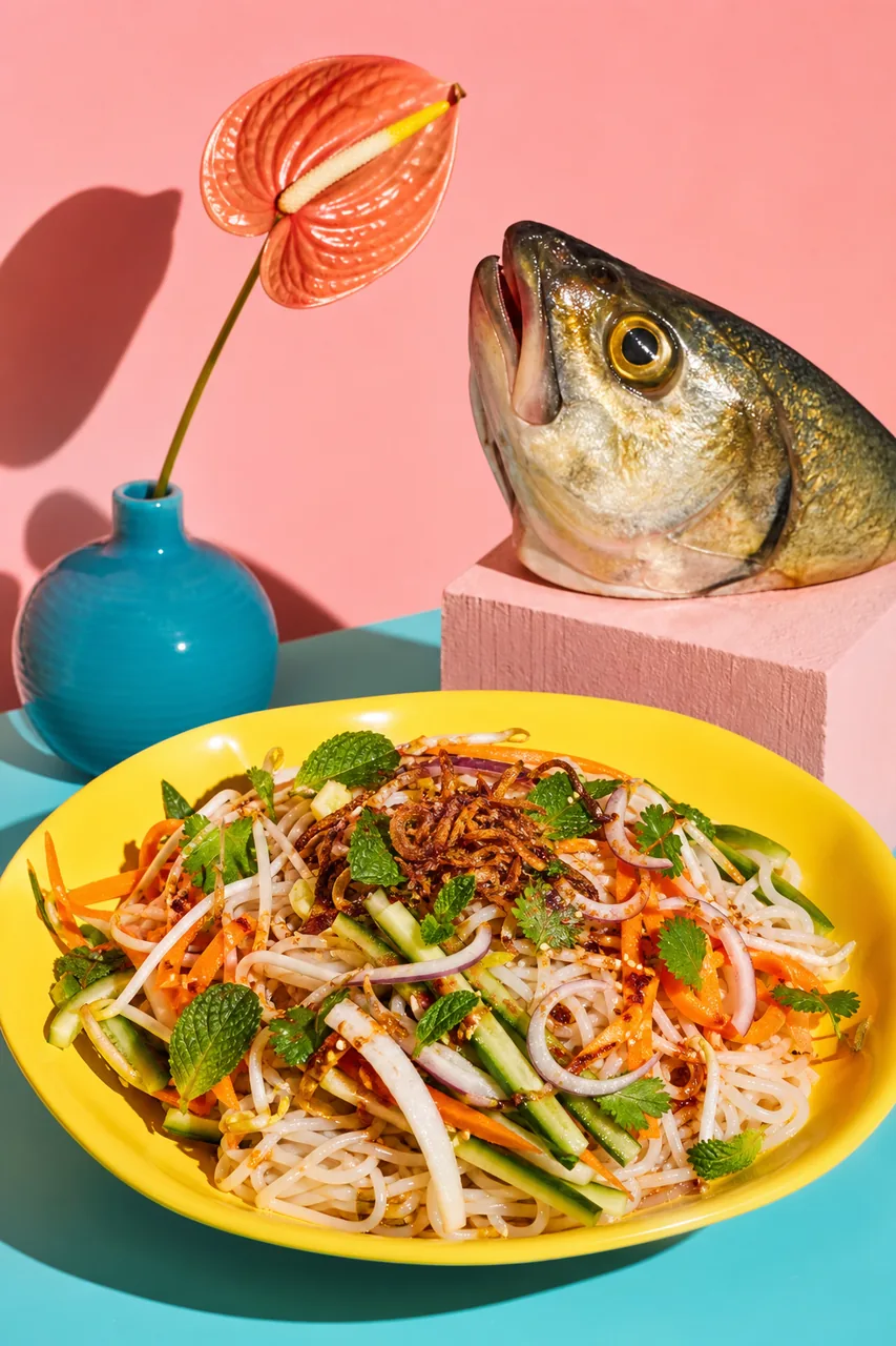 Salade froide de nouilles de riz, pickles et Sichuan