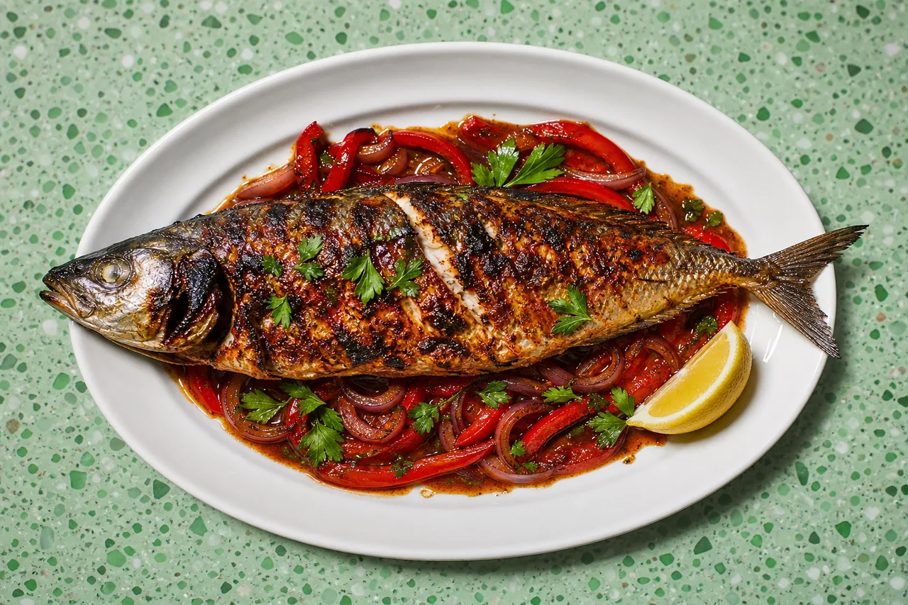 Chinchard entier grillé, piri-piri fumé à l’origan et poivrons au jus court