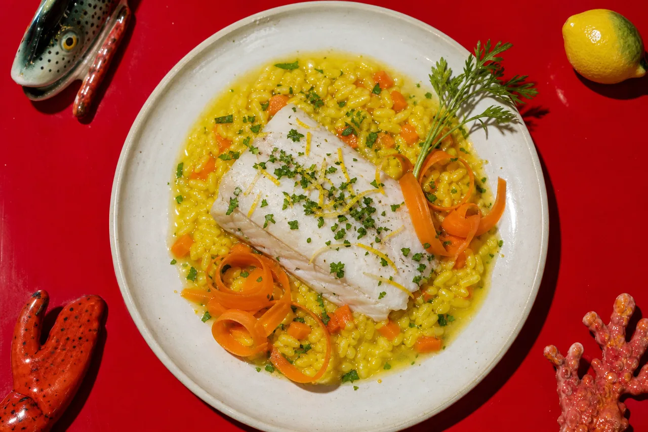 Émissole tachetée braisée, risotto milanais à la carotte et gremolata vive
