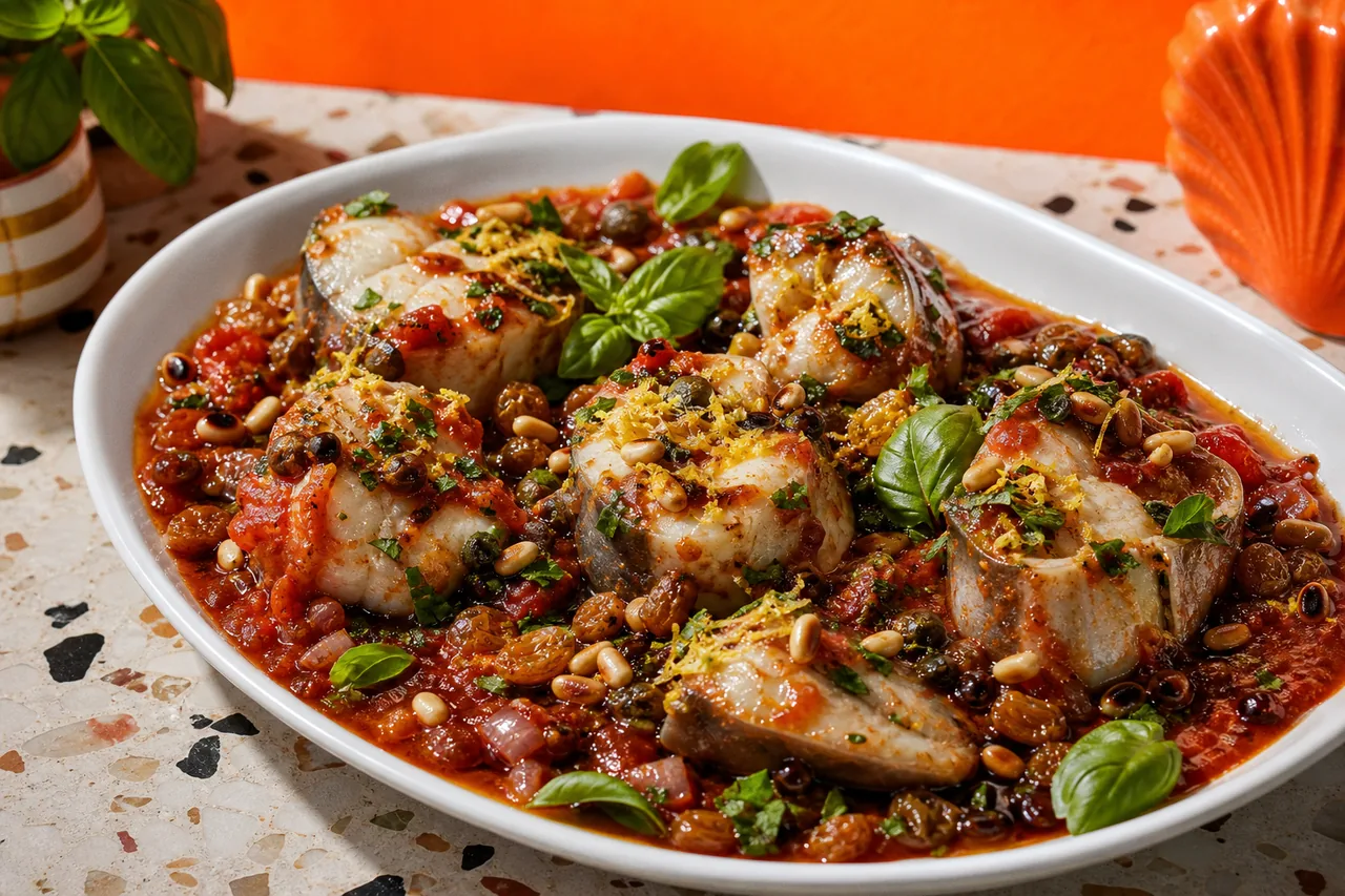 Congre mijoté à la sicilienne, tomate, raisins secs et pignons