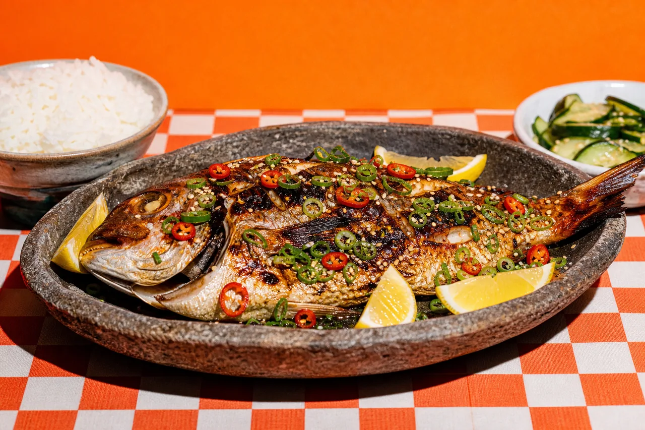 Madai entier grillé, laque soja-gingembre-citron et concombre au sésame