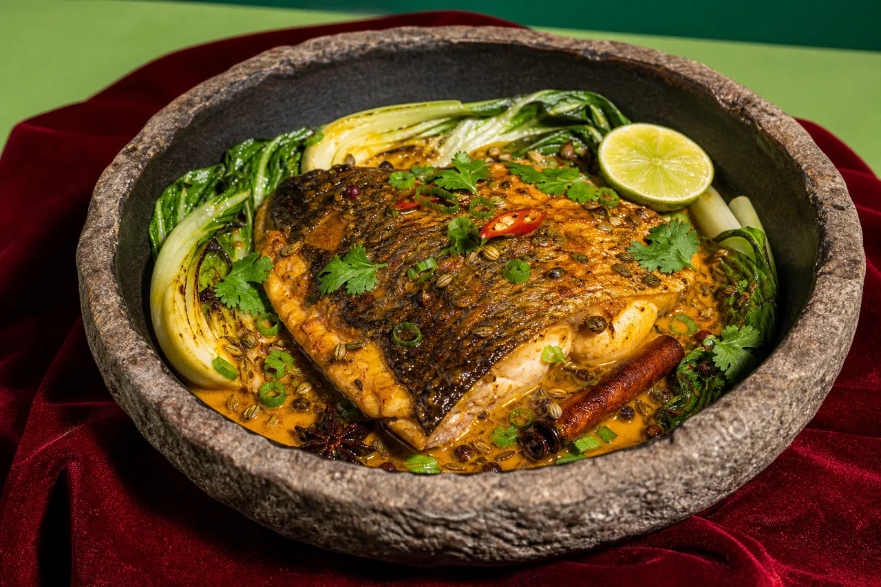 Poisson-chat africain au curry de badiane, cannelle et fenouil, pak choï croquant