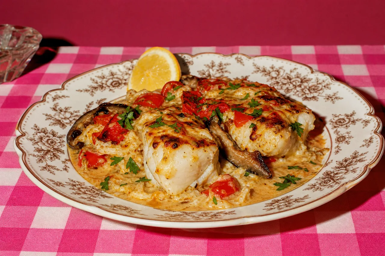 Lotte grillée, sauce Thermidor au crabe et gruyère, poivron doux et portobello