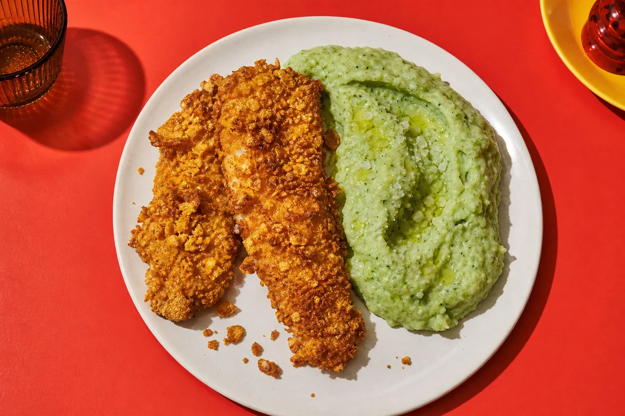 Poisson pané maison, purée un peu verte