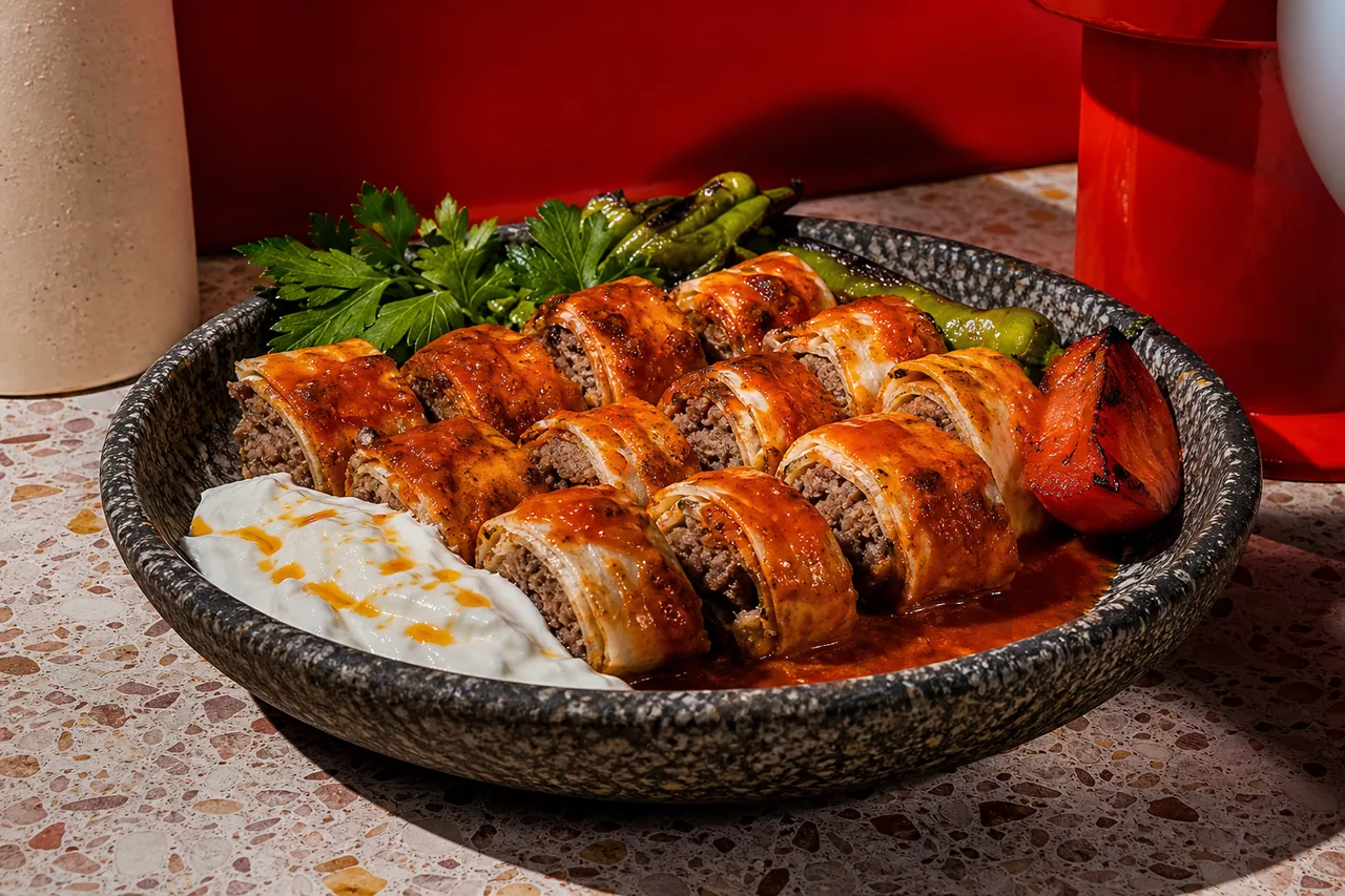 Beyti kebab (roulé de kebab au lavash, sauce tomate-yaourt)