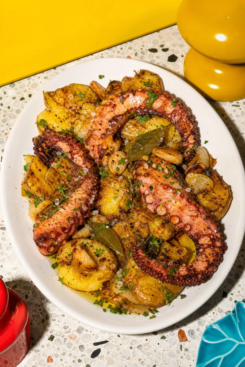 Polvo à lagareiro (poulpe rôti à l'huile d'olive et pommes de terre écrasées)
