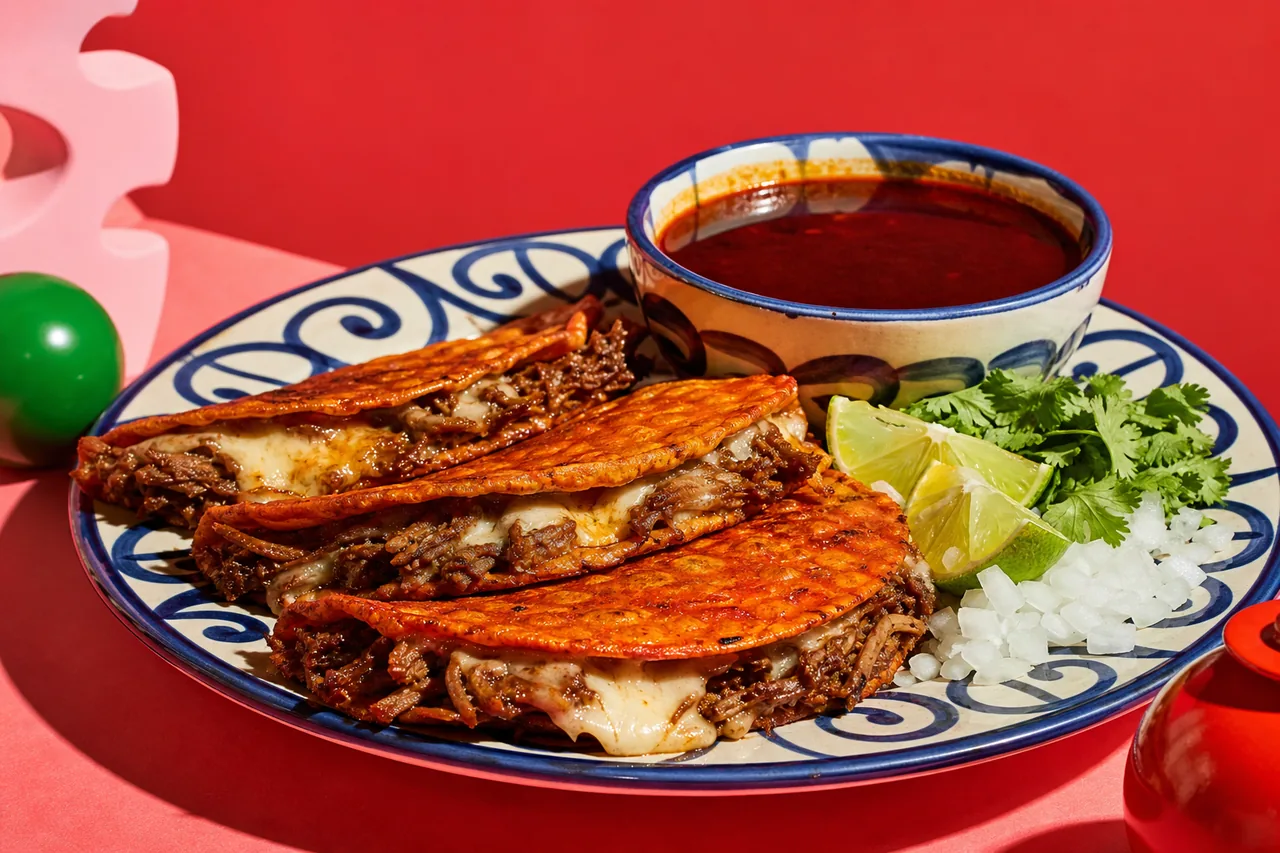 Quesabirria (tacos de bœuf braisé au fromage, bouillon à tremper)
