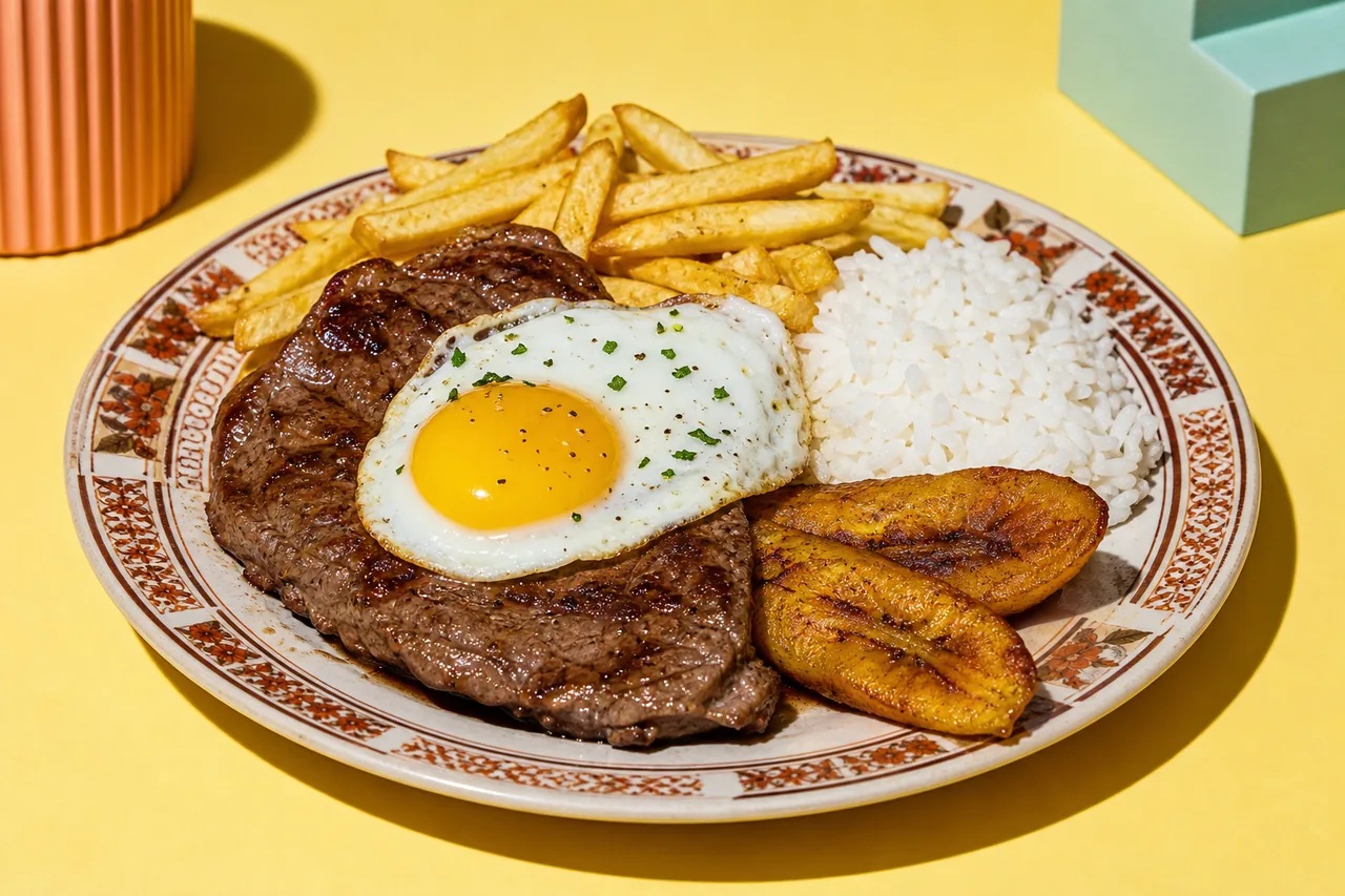 Bistec a lo pobre (steak péruvien, œuf et banane plantain)