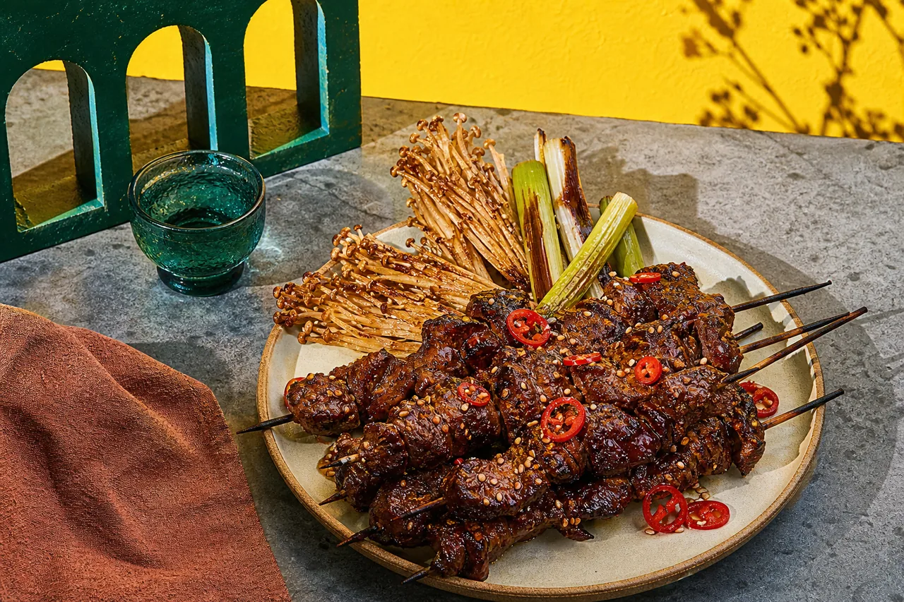 Brochettes de bœuf bulgogi, cébettes grillées