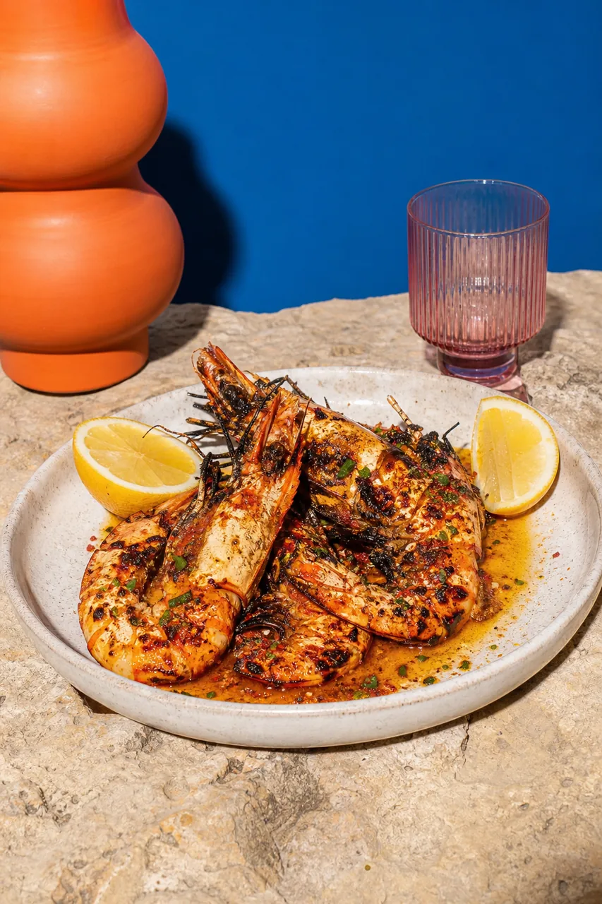Gambas à la plancha, beurre fumé à l'ail