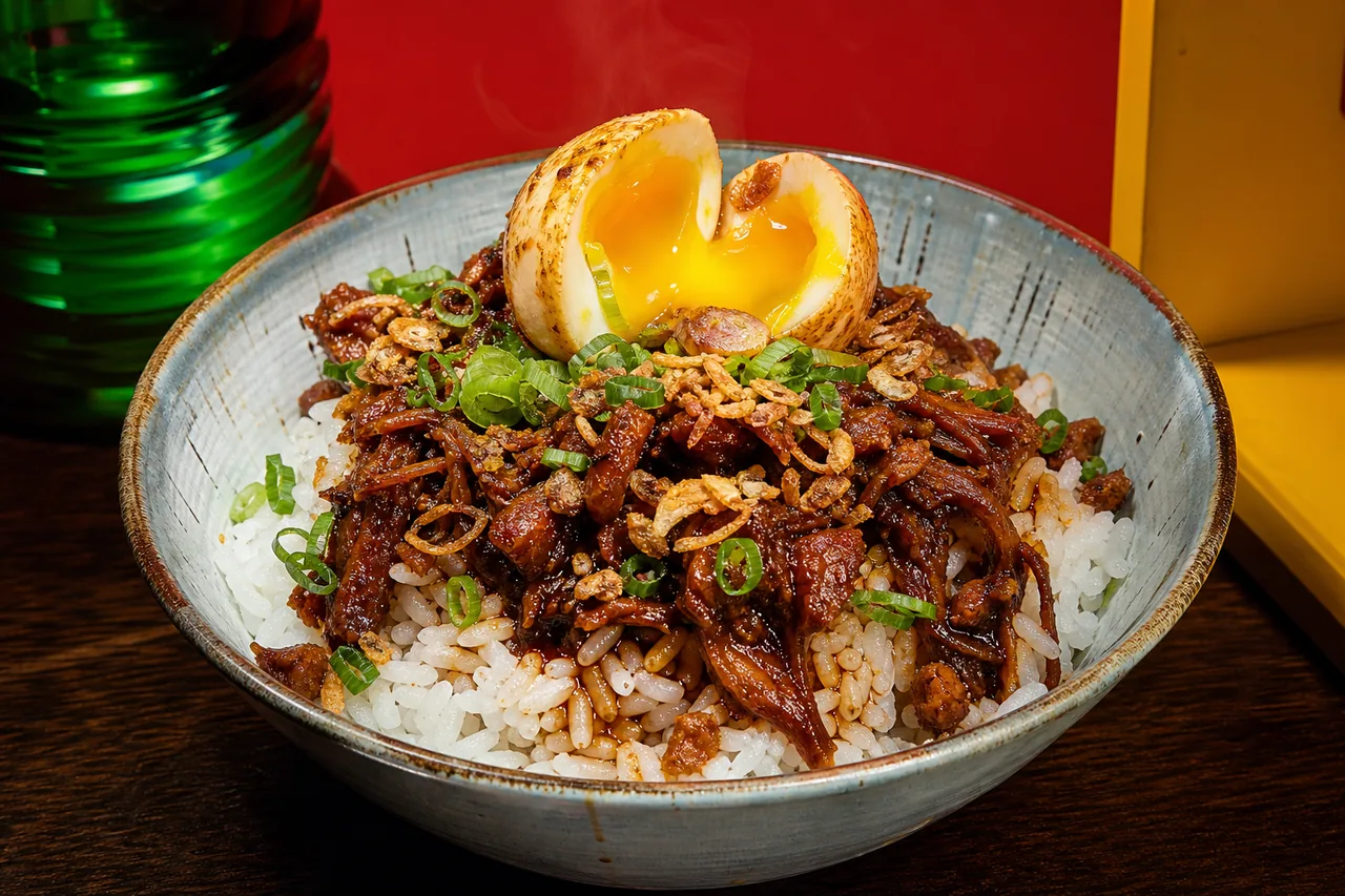 Riz au porc effiloché et œuf mollet